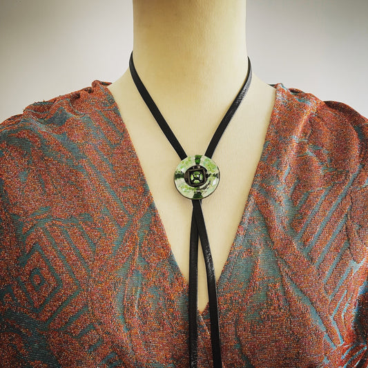 Bolo Tie Leather Black Green Round TAMARUSAN