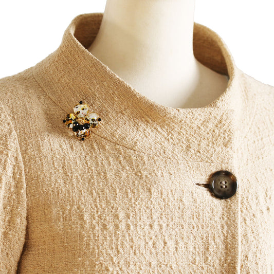 Brooch Yellow Tabby Cat Flower Onyx Gold TAMARUSAN