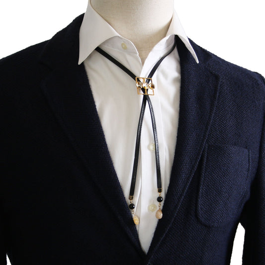 Leather Straps Bolo Tie Flat String Tiger Cat Yellow TAMARUSAN