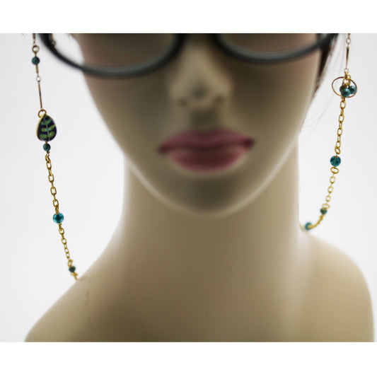 Eyeglass Chain Necklace Blue Leaves Gold Quartz TAMARUSAN