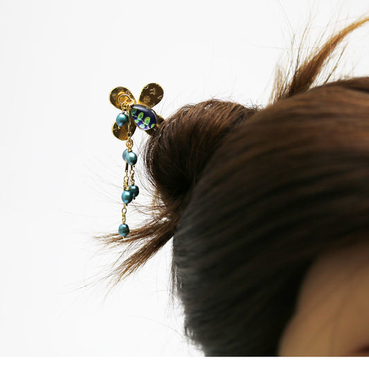 Stick Hair Pin Blue Flower Gold TAMARUSAN