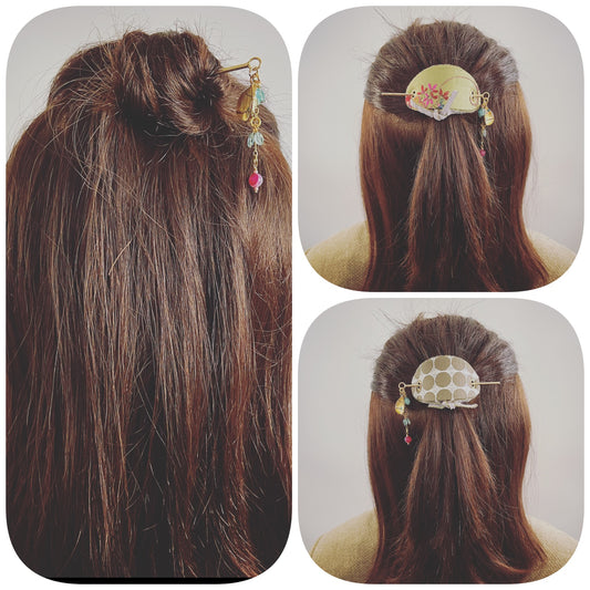 Barrette Hair Stick Silk Gold Green TAMARUSAN