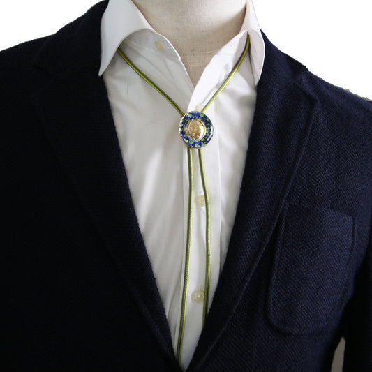 Silk Braid Bolo Tie Blue Vine Gold TAMARUSAN