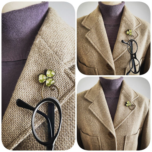 Glasses Holder Pin Brooch Plum Rhinestone Green TAMARUSAN