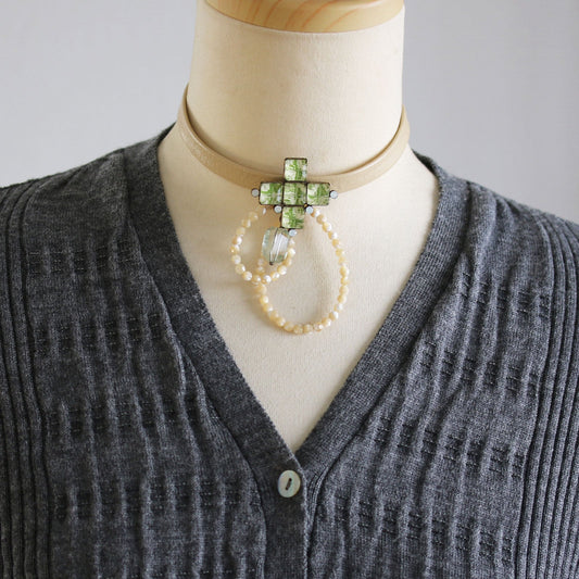 Choker Beige Leather Plum Green TAMARUSAN