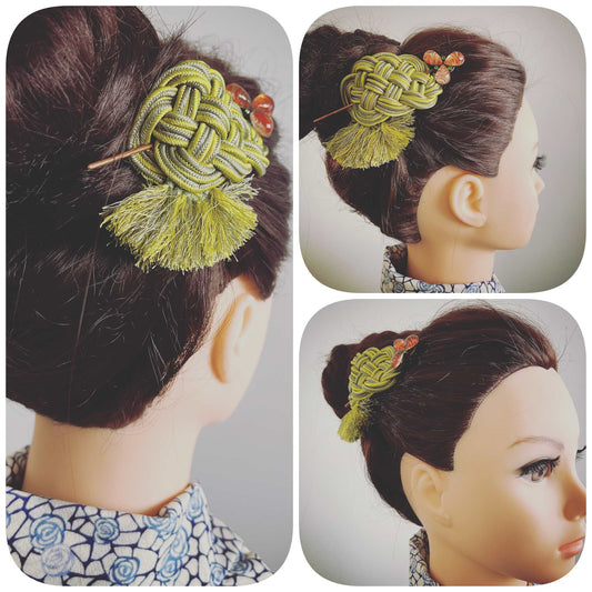 Hair Stick Barrette Green Silk Braid TAMARUSAN