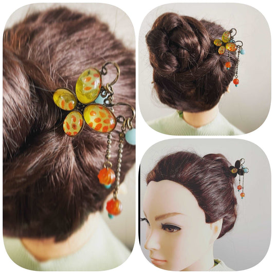Hairpin Chrysanthemum Carnelian Turquoise Amazonite Butterfly Multicolor TAMARUSAN