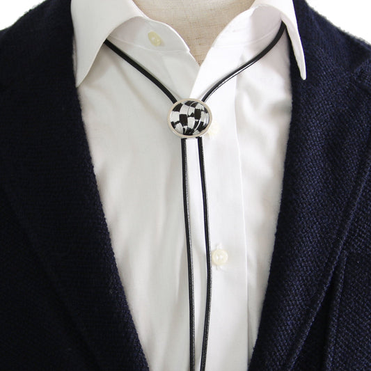 Leather Strap Bolo Tie Unisex Check Black White TAMARUSAN