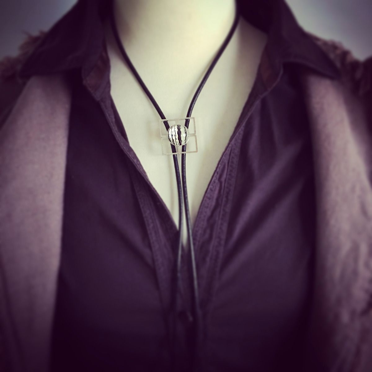 Leather Strap Bolo Tie Stripe Men Black TAMARUSAN