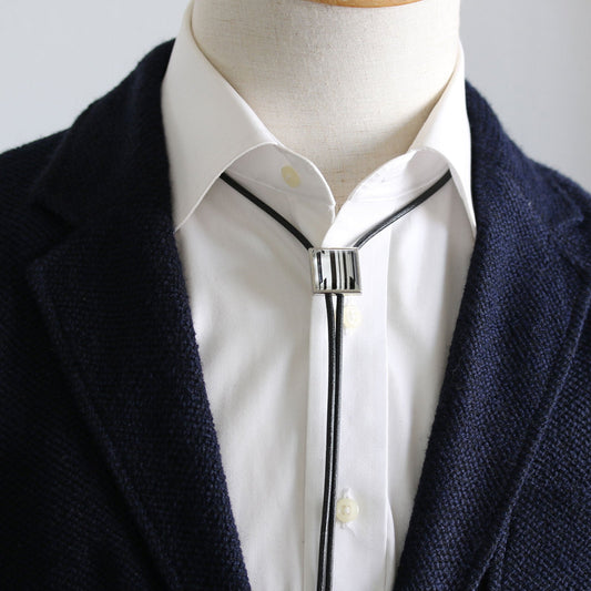 Leather Strap Bolo Tie Black White Stripe TAMARUSAN