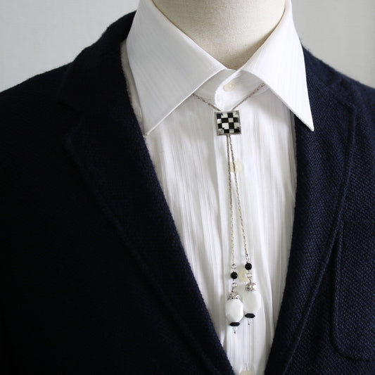 Chain Bolo Tie Checkered Pattern Black And White TAMARUSAN
