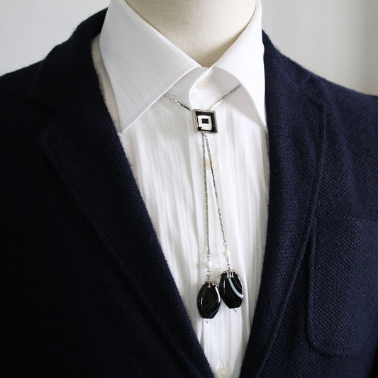 Chain Bolo Tie Black White Tibetan Agate TAMARUSAN