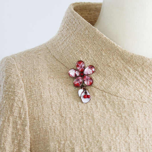Flower Brooch Coral Cloisonne Red TAMARUSAN