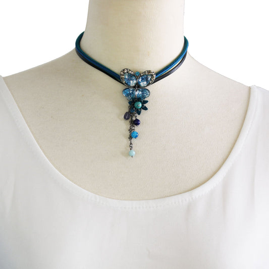 Choker Silk Braid Leather Blue Butterfly TAMARUSAN