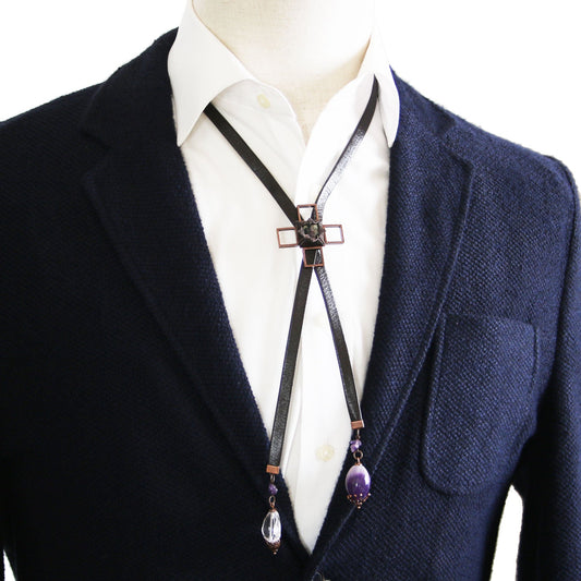 Leather Straps Bolo Tie Purple Amethyst Cross TAMARUSAN