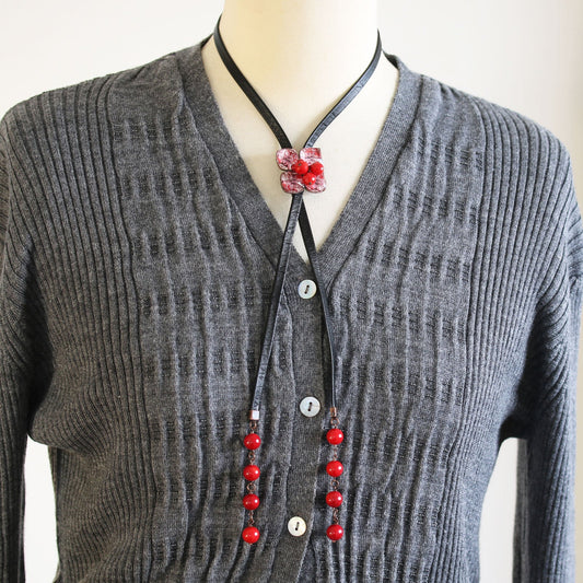 Leather Straps Bolo Tie Red Lily Coral Flower TAMARUSAN