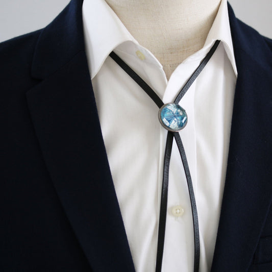 Leather Straps Bolo Tie Lily Blue Handmade TAMARUSAN