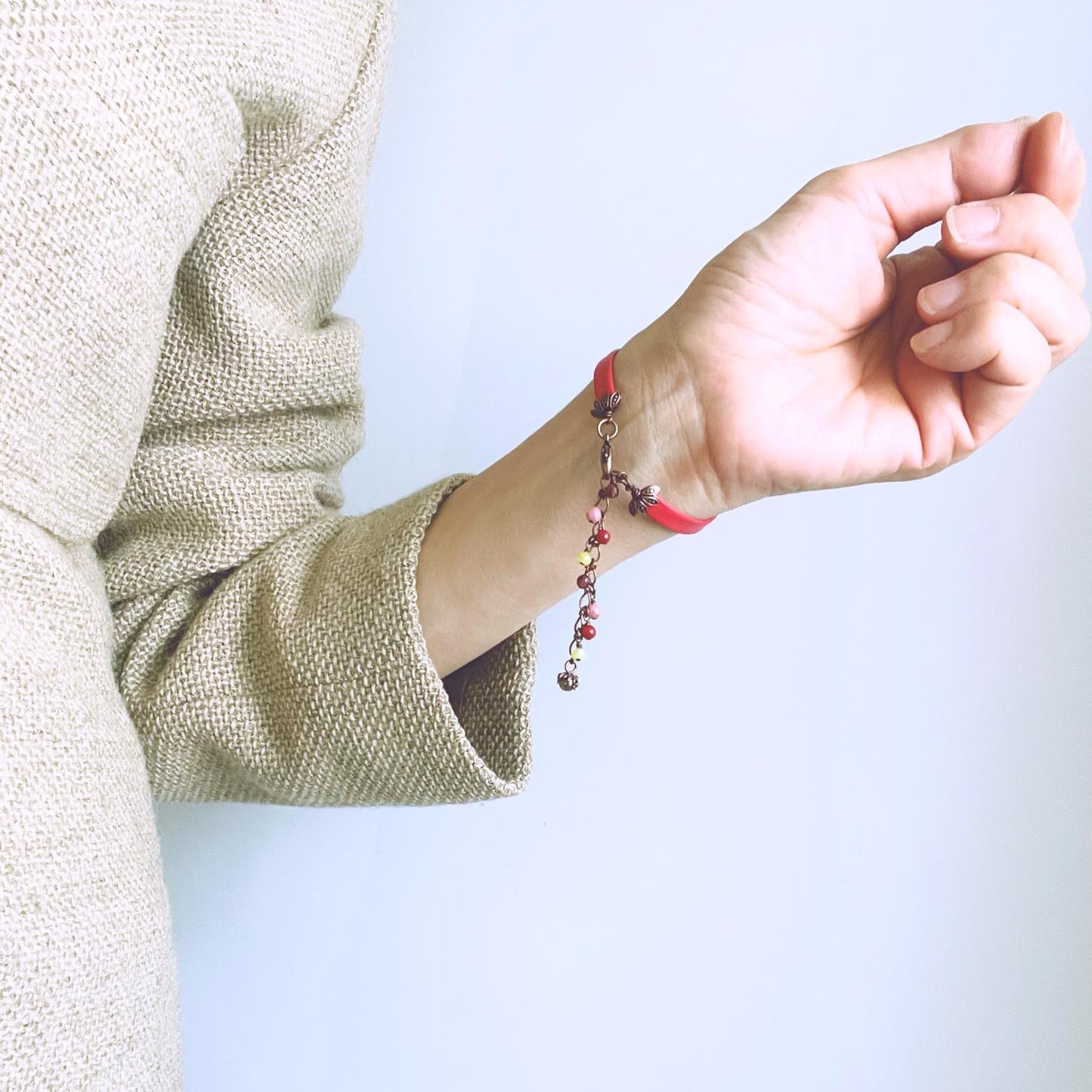 Bracelet Red Leather Hydrangea Coral TAMARUSAN
