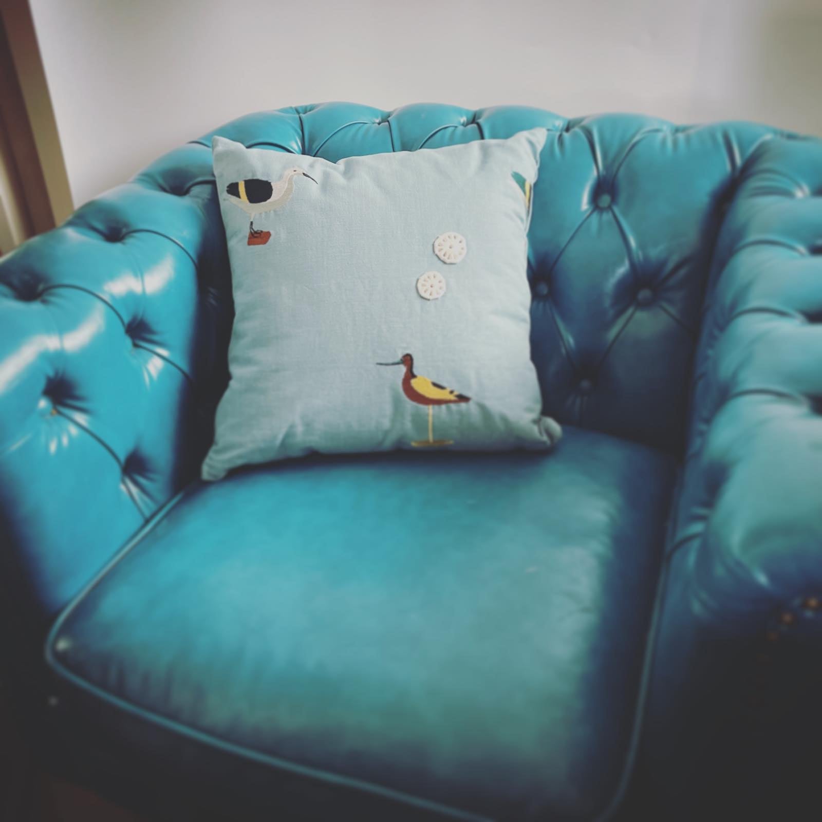 Duck Cushion Light Blue Embroidery Lotus Root TAMARUSAN