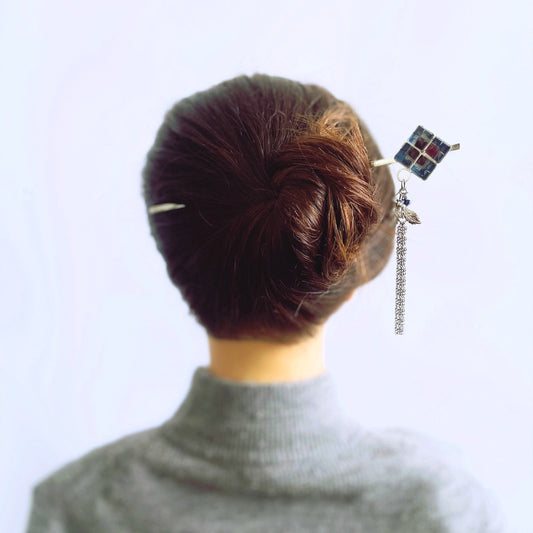 Hair Stick Blue Square Rhodium TAMARUSAN
