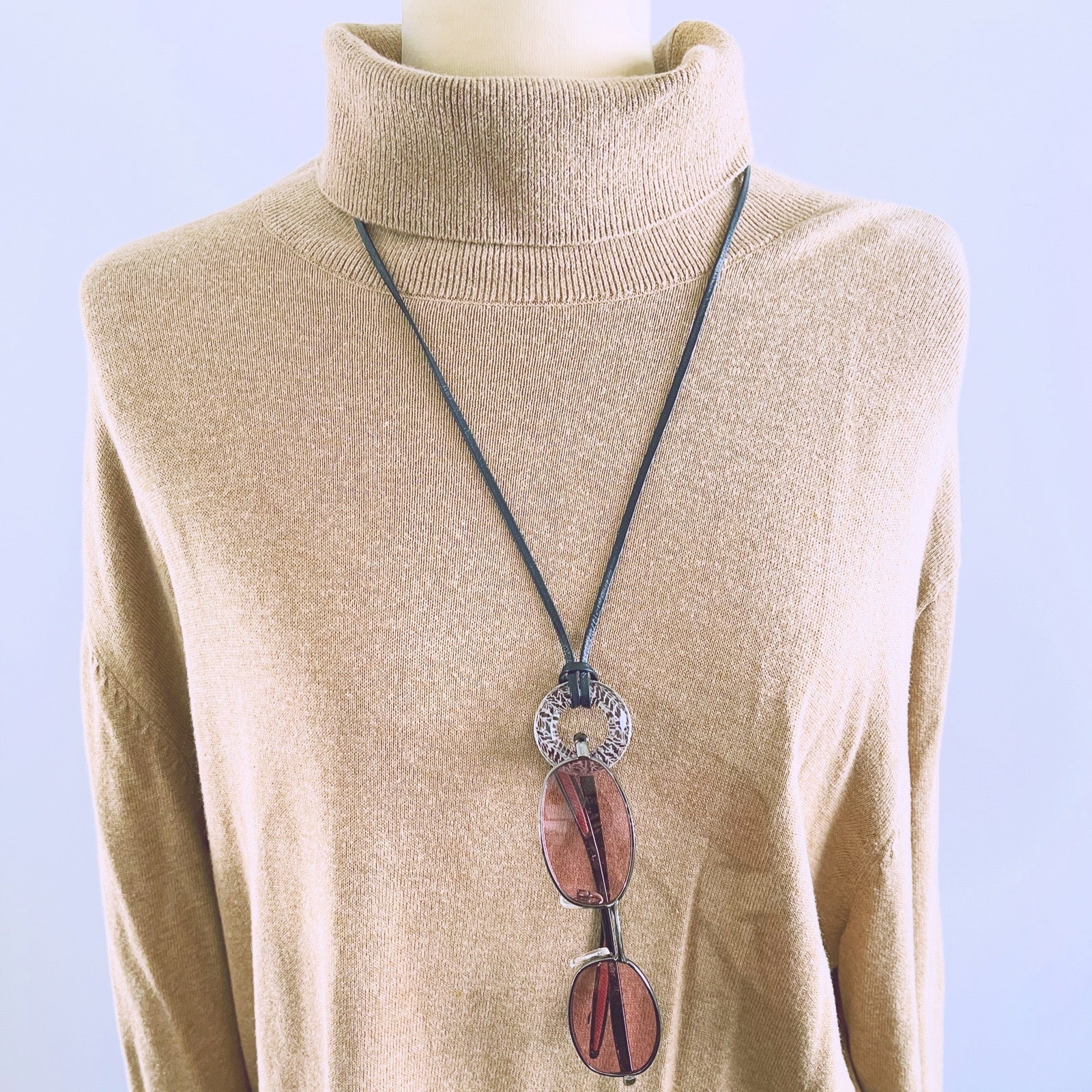 Leather Cord Glasses Holder Navy Silver Herringbone TAMARUSAN