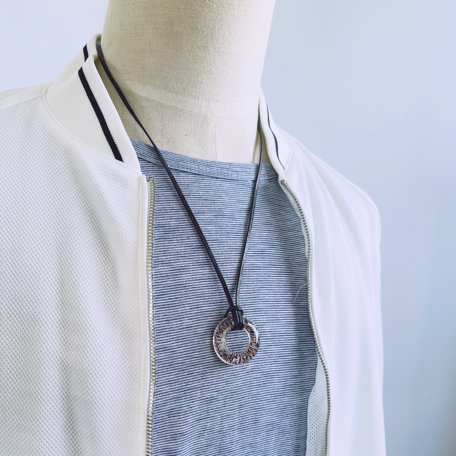 Leather Cord Glasses Holder Navy Silver Herringbone TAMARUSAN