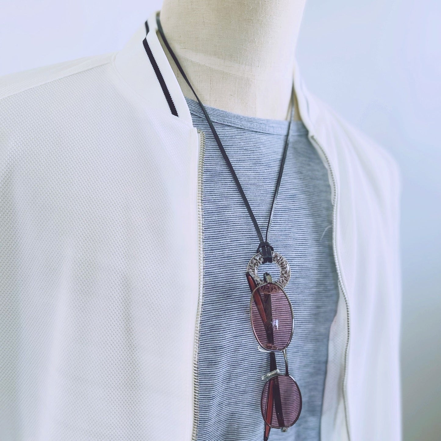 Leather Cord Glasses Holder Navy Silver Herringbone TAMARUSAN