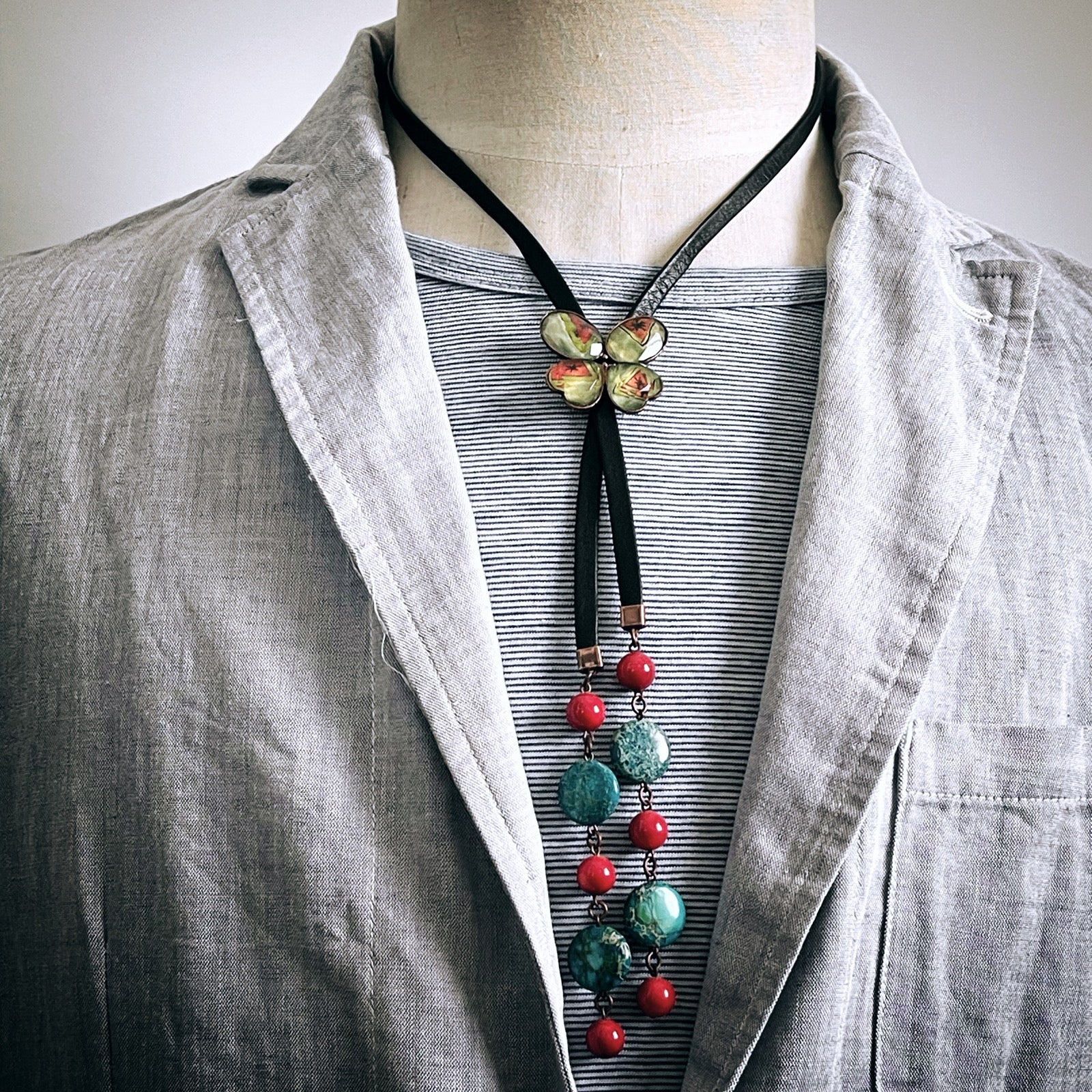 Butterfly Bolo Tie Blue Red Leather TAMARUSAN