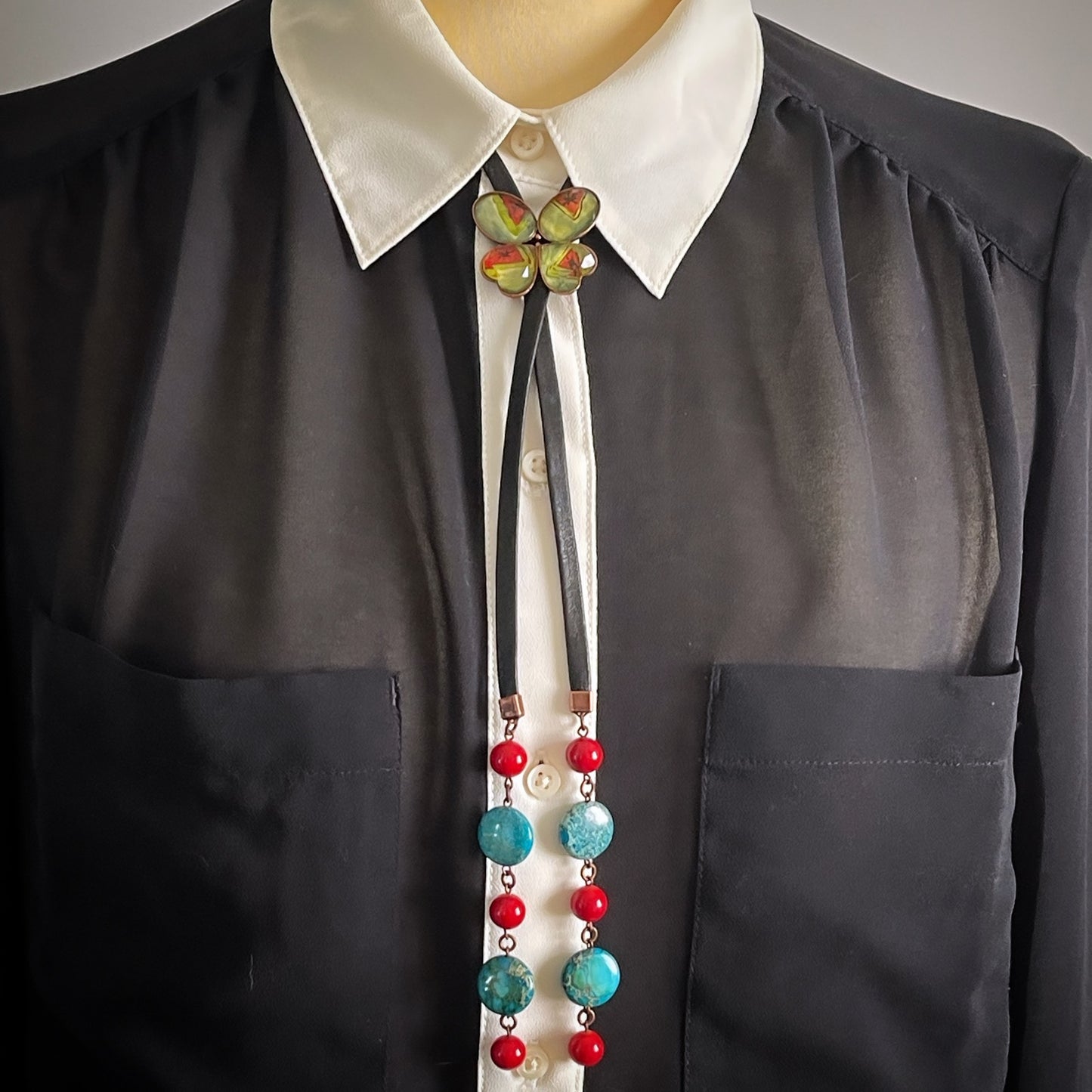 Butterfly Bolo Tie Blue Red Leather TAMARUSAN