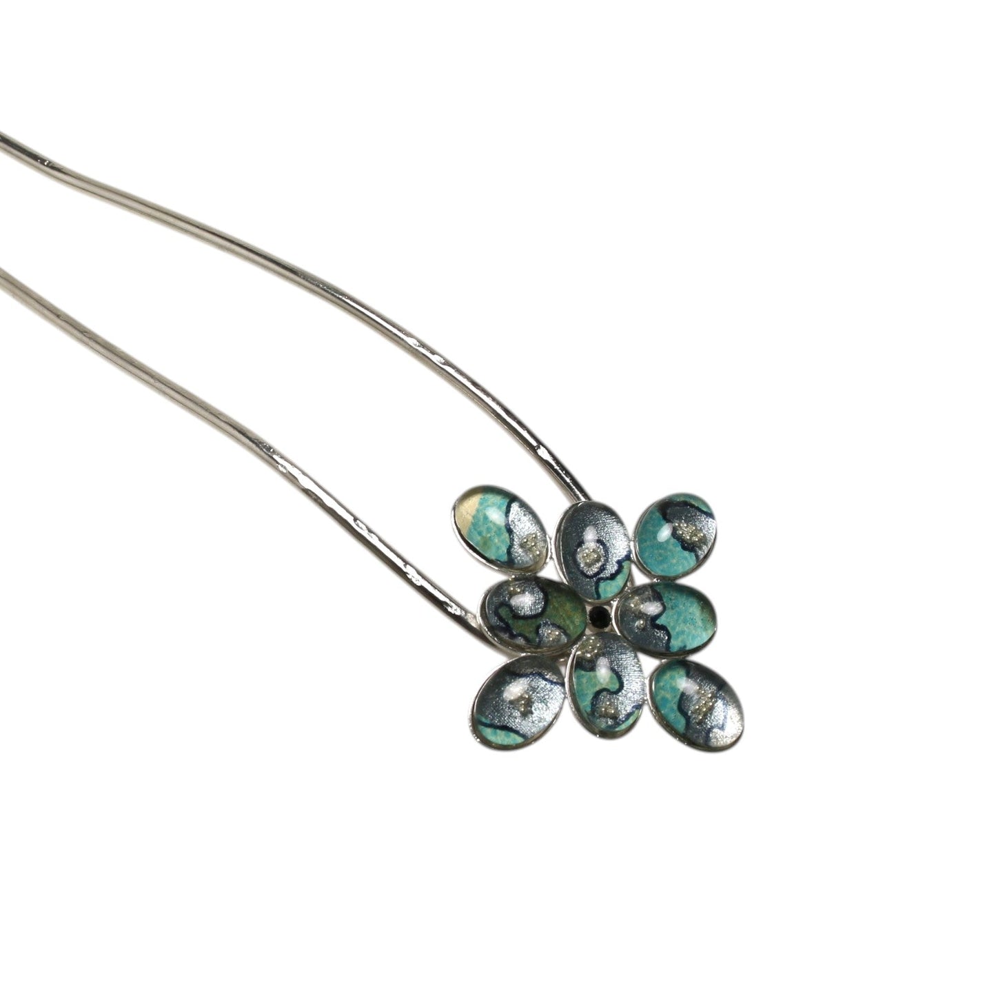 Forked Hairpin – Blue & Silver Flower Design TAMARUSAN