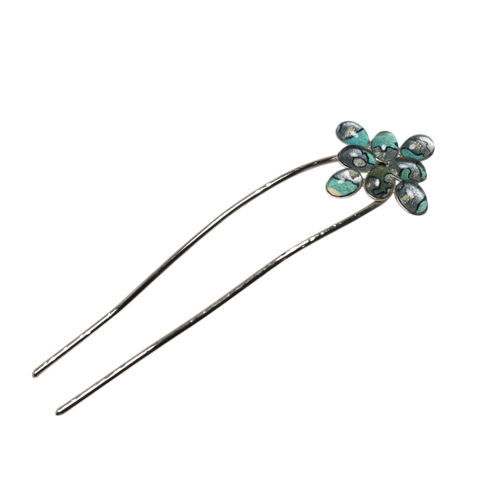 Forked Hairpin – Blue & Silver Flower Design TAMARUSAN