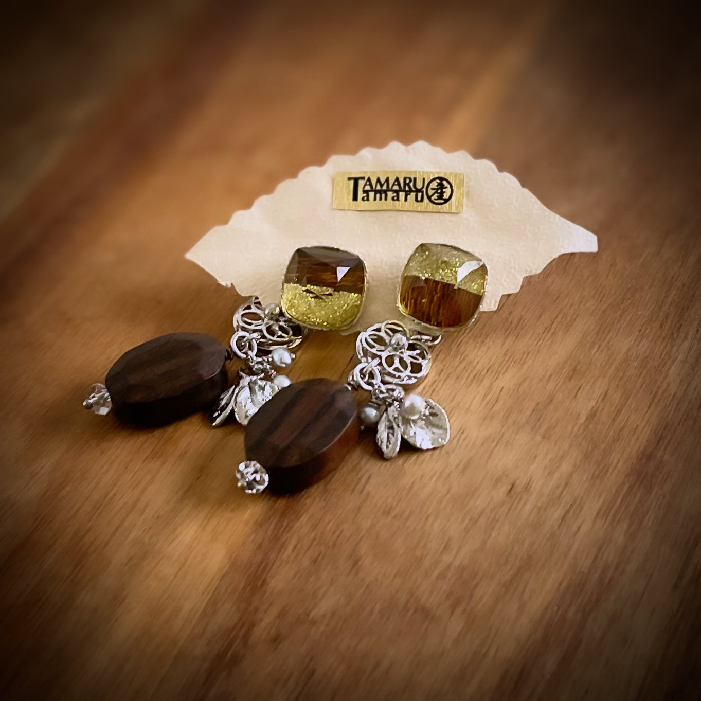 Stud Earrings Silver Color Lame Wood Beads TAMARUSAN