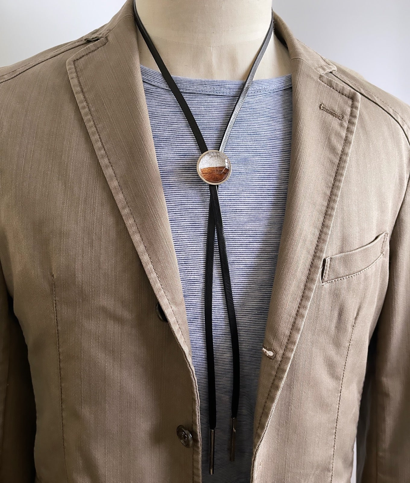Leather Strap Bolo Tie Silver Lame Wood TAMARUSAN