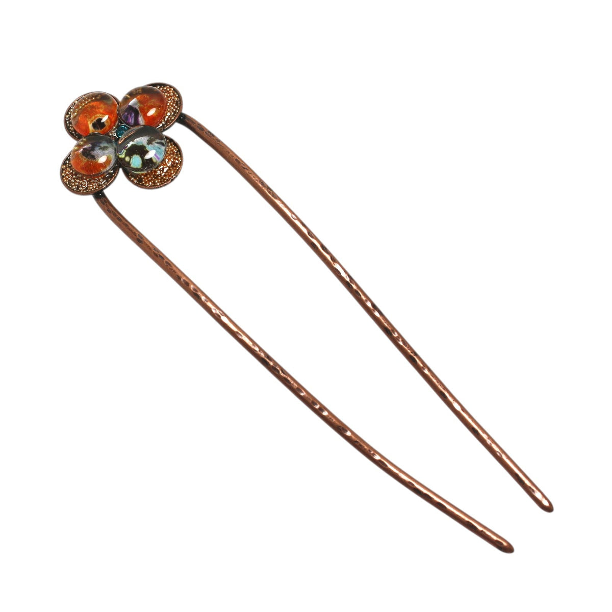 Double Prong Hair Stick Orange Pansy Flower TAMARUSAN