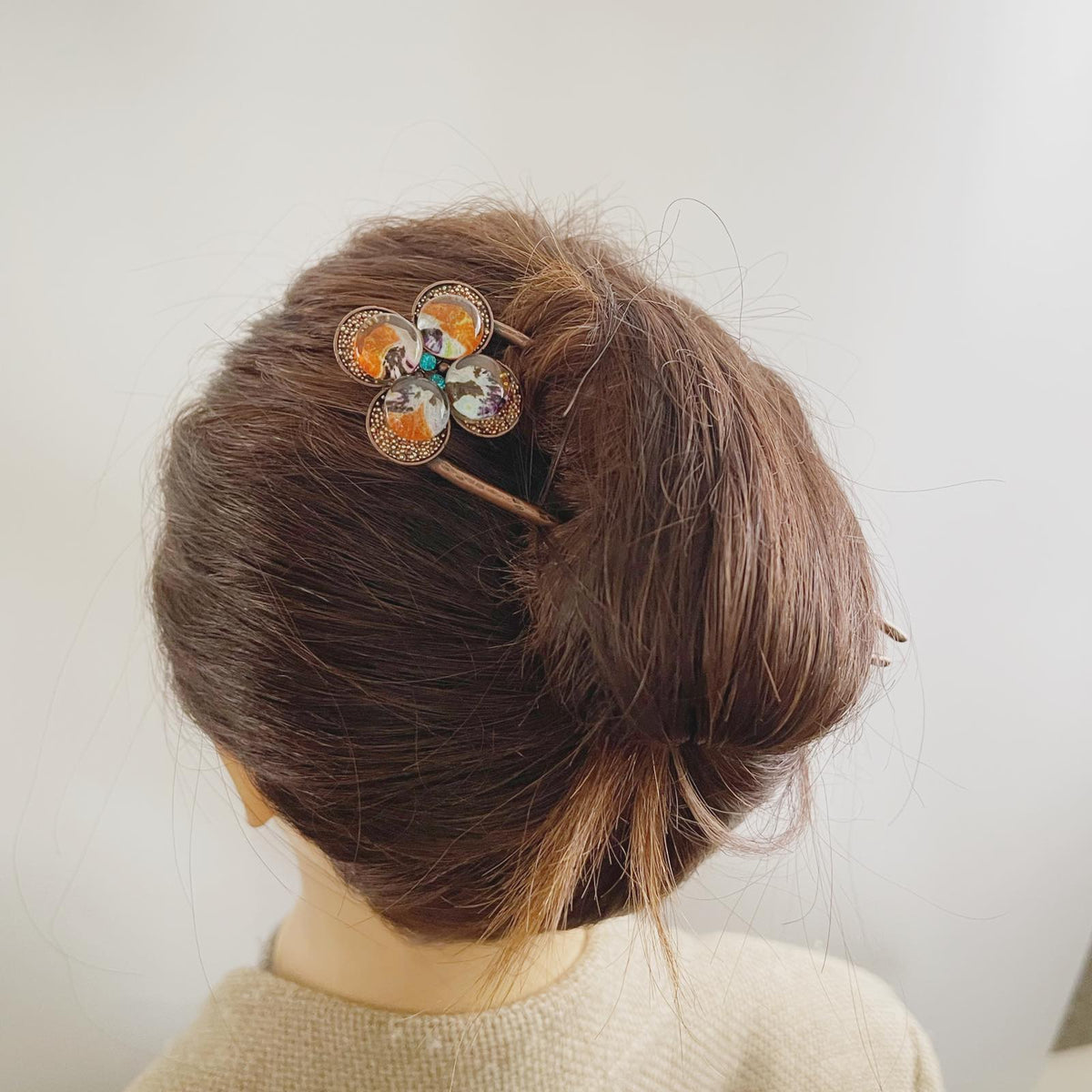 Double Prong Hair Stick Orange Pansy Flower TAMARUSAN
