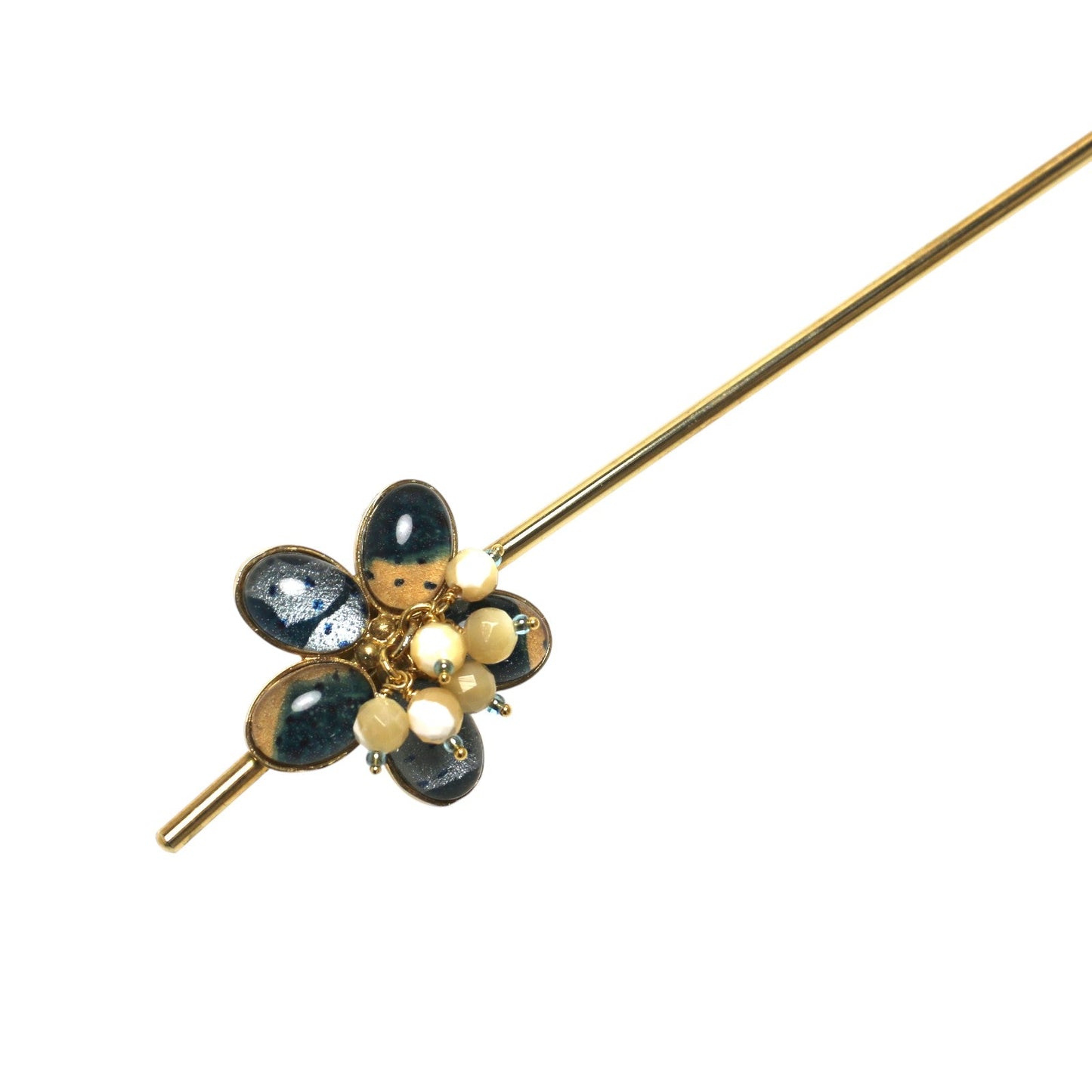 Flower Hair Stick Gold Blue Mother of Pearl TAMARUSAN