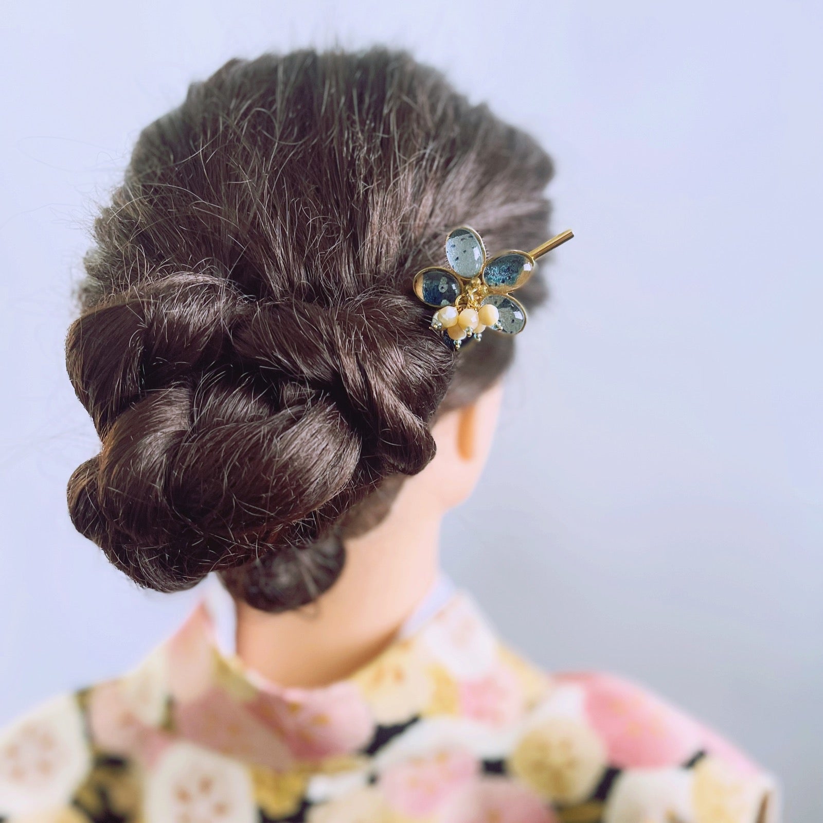 Flower Hair Stick Gold Blue Mother of Pearl TAMARUSAN