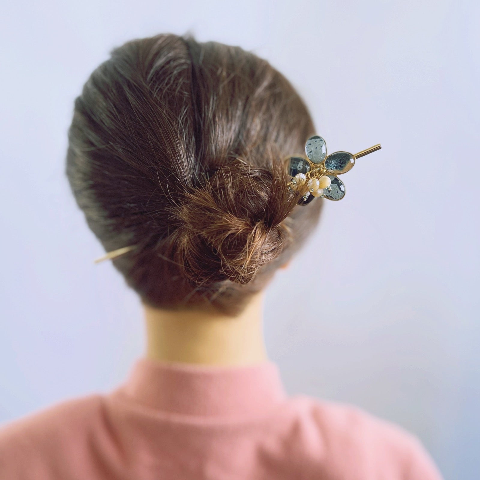 Flower Hair Stick Gold Blue Mother of Pearl TAMARUSAN