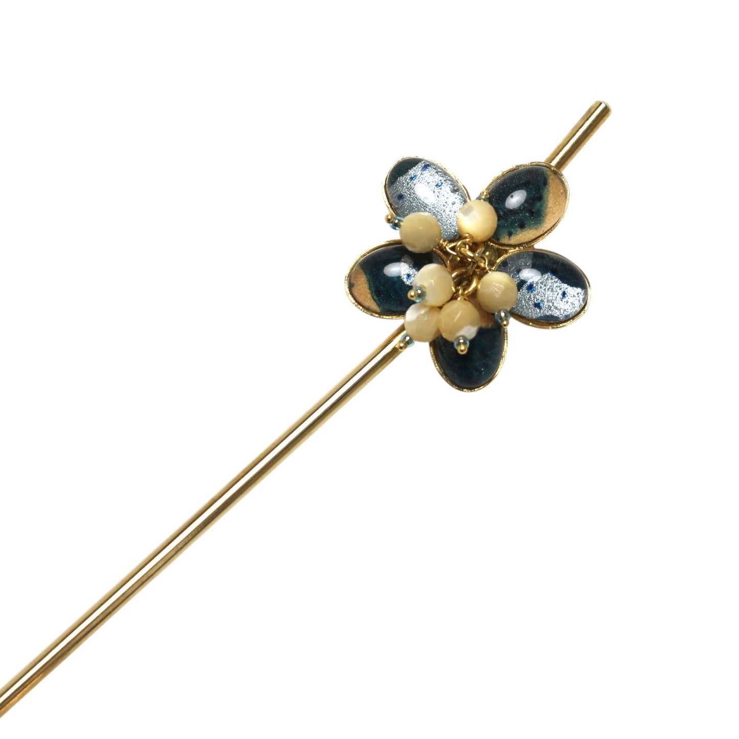 Flower Hair Stick Gold Blue Mother of Pearl TAMARUSAN