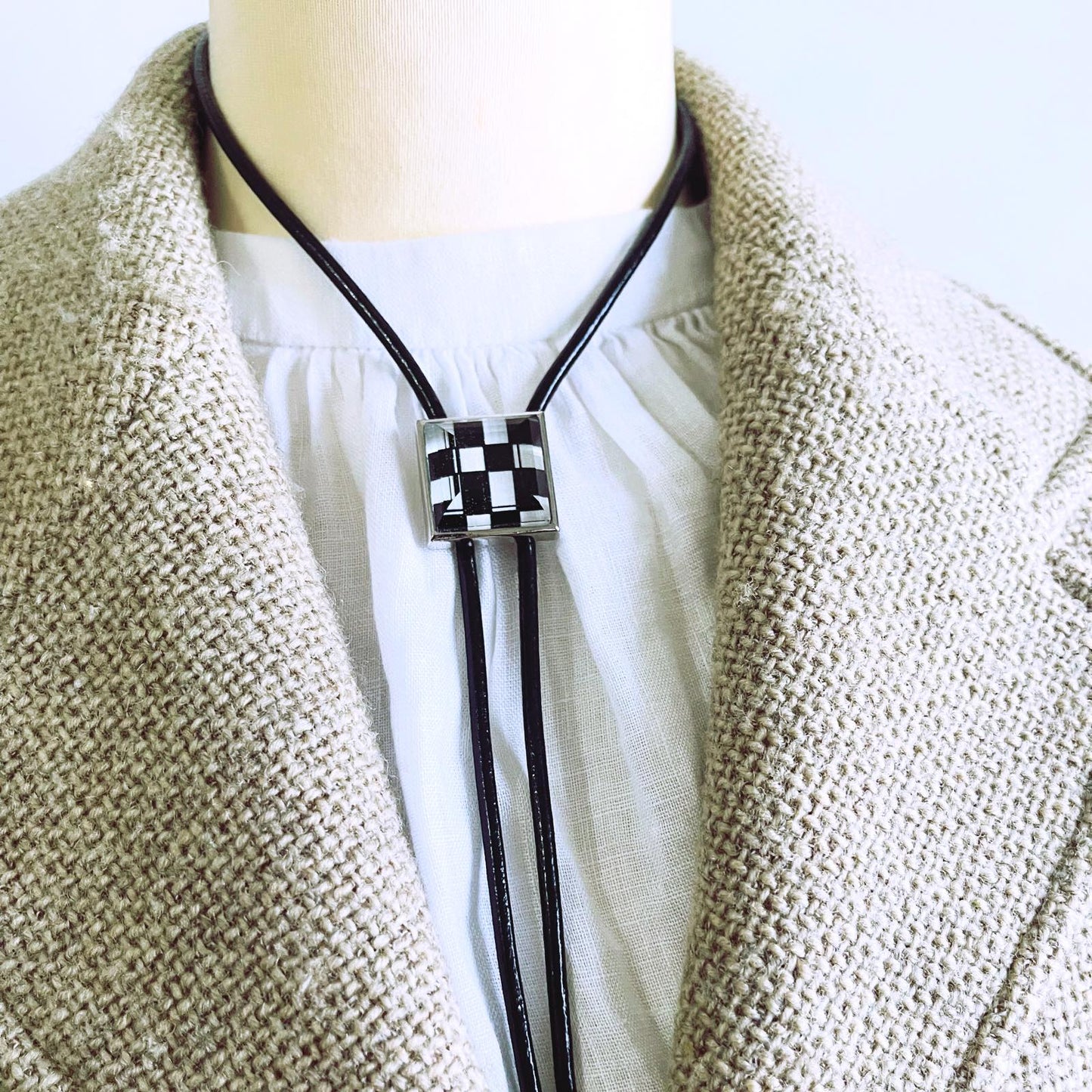 Leather Strap Bolo Tie Check Men's Accessory TAMARUSAN