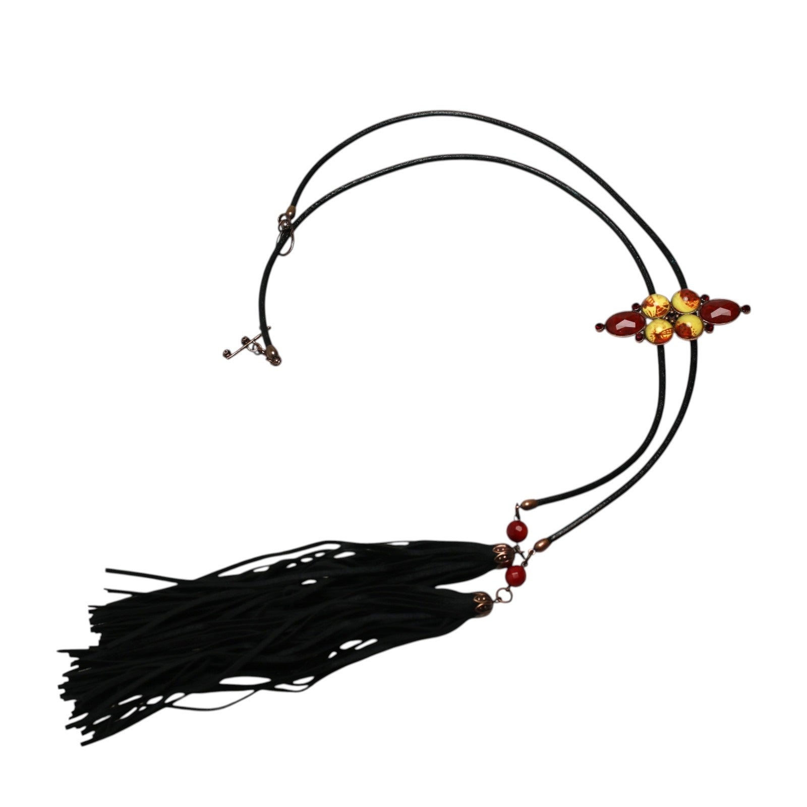 Leather Cord Bolo Tie Red Fringe Black TAMARUSAN