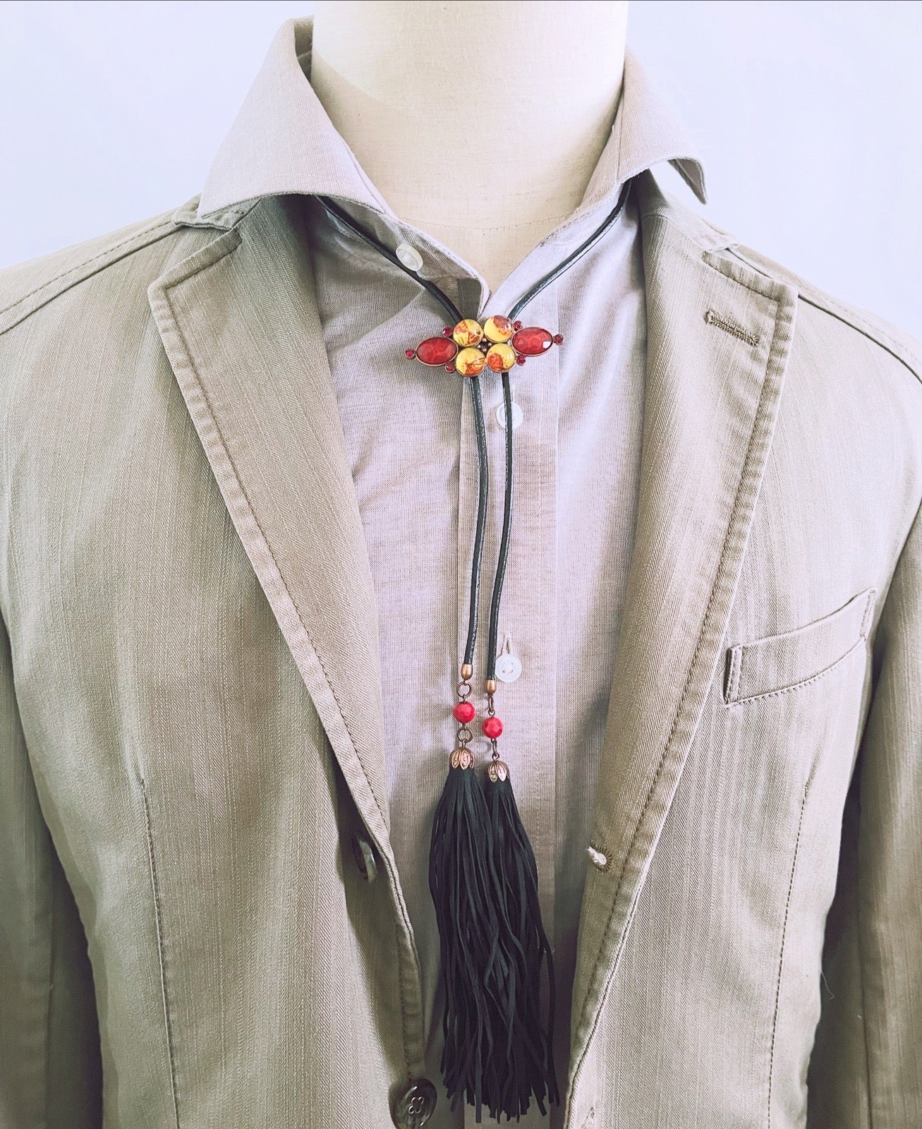 Leather Cord Bolo Tie Red Fringe Black TAMARUSAN