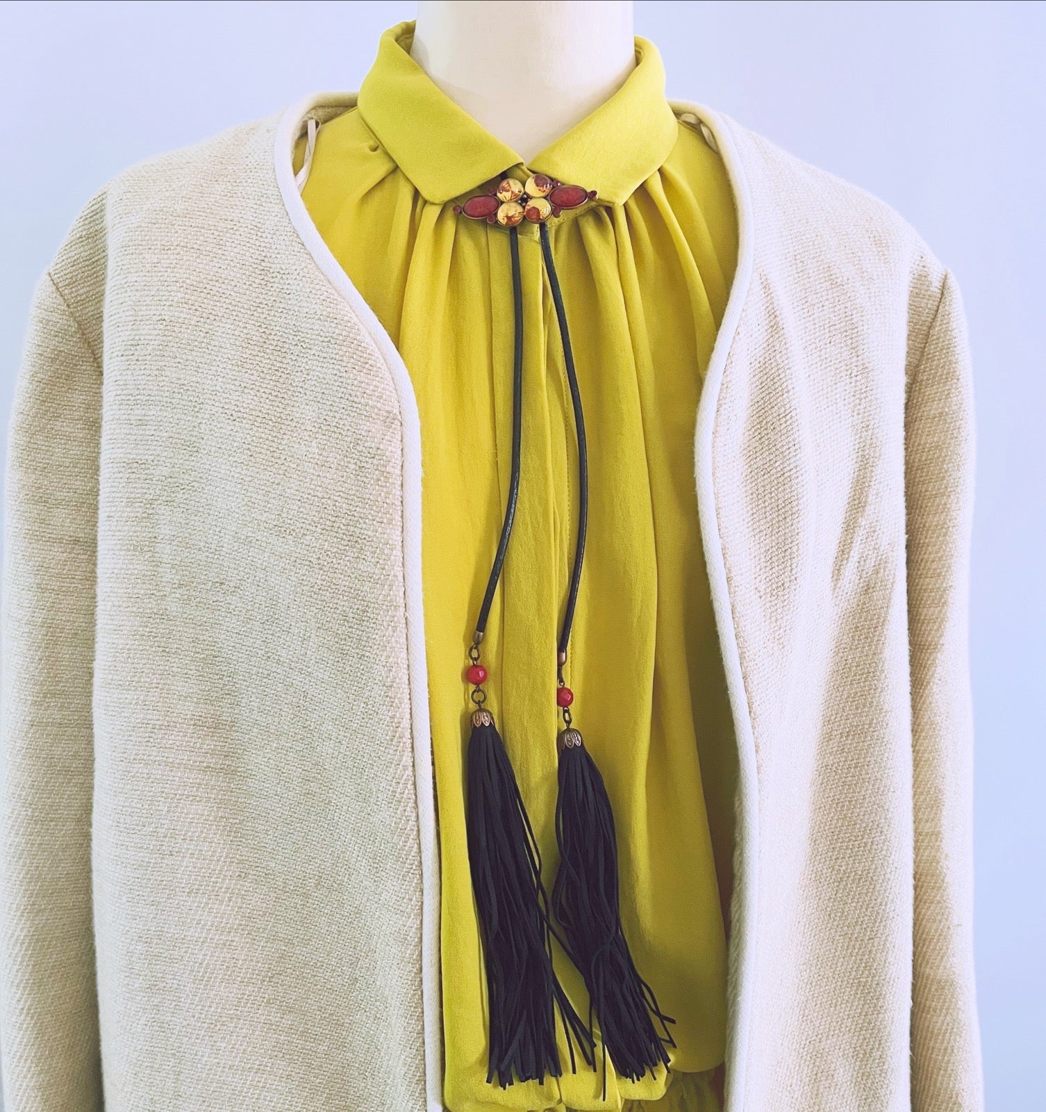 Leather Cord Bolo Tie Red Fringe Black TAMARUSAN