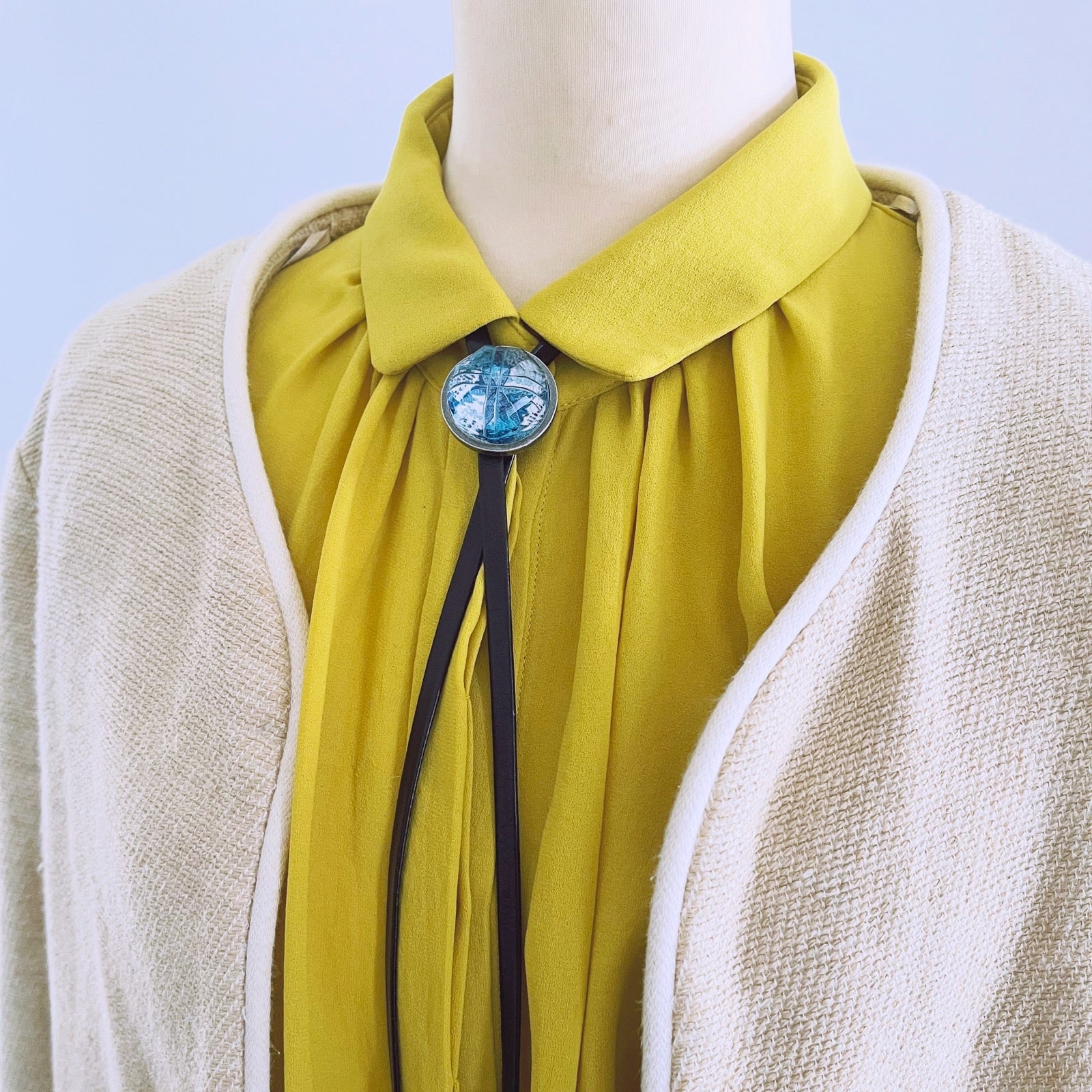 Leather Straps Bolo Tie Lily Blue Handmade TAMARUSAN