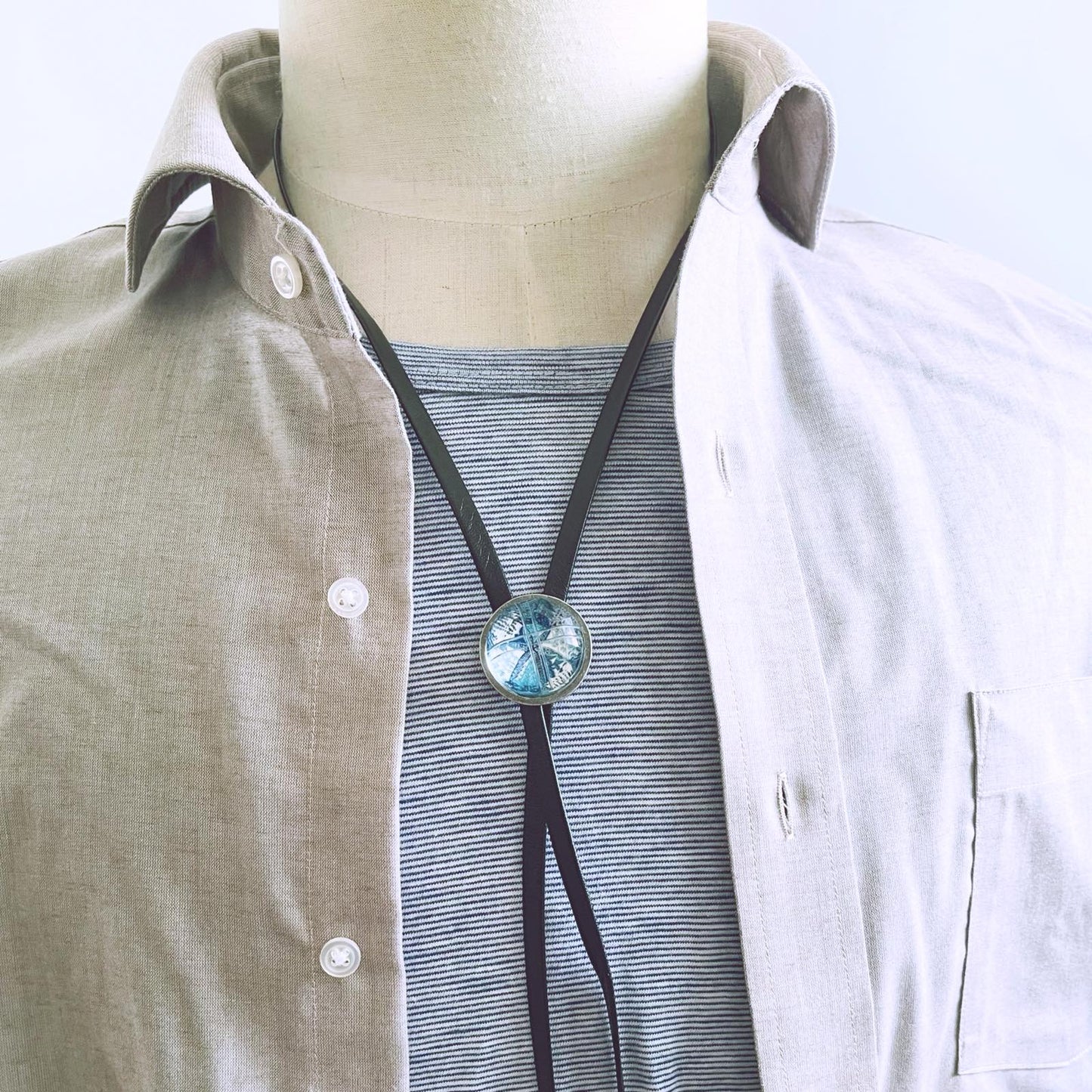 Leather Straps Bolo Tie Lily Blue Handmade TAMARUSAN