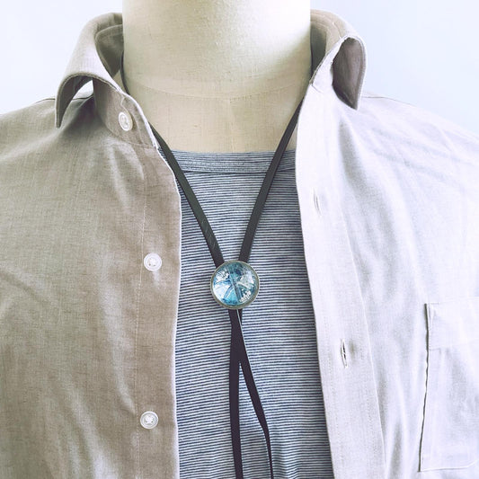 Leather Straps Bolo Tie Lily Blue Handmade TAMARUSAN