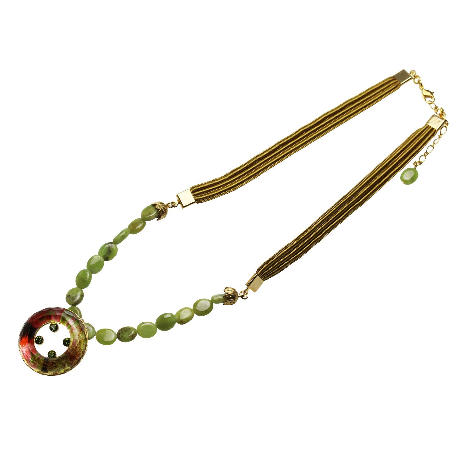 Necklace Green Garnet Ribbon Gold Red TAMARUSAN
