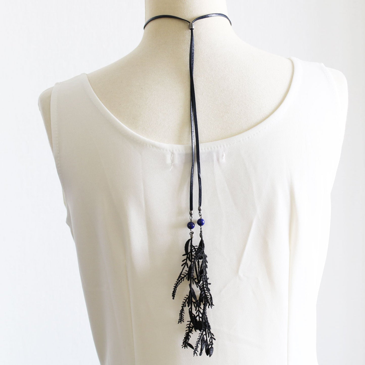 Long Leather Choker Necklace Black Lace TAMARUSAN