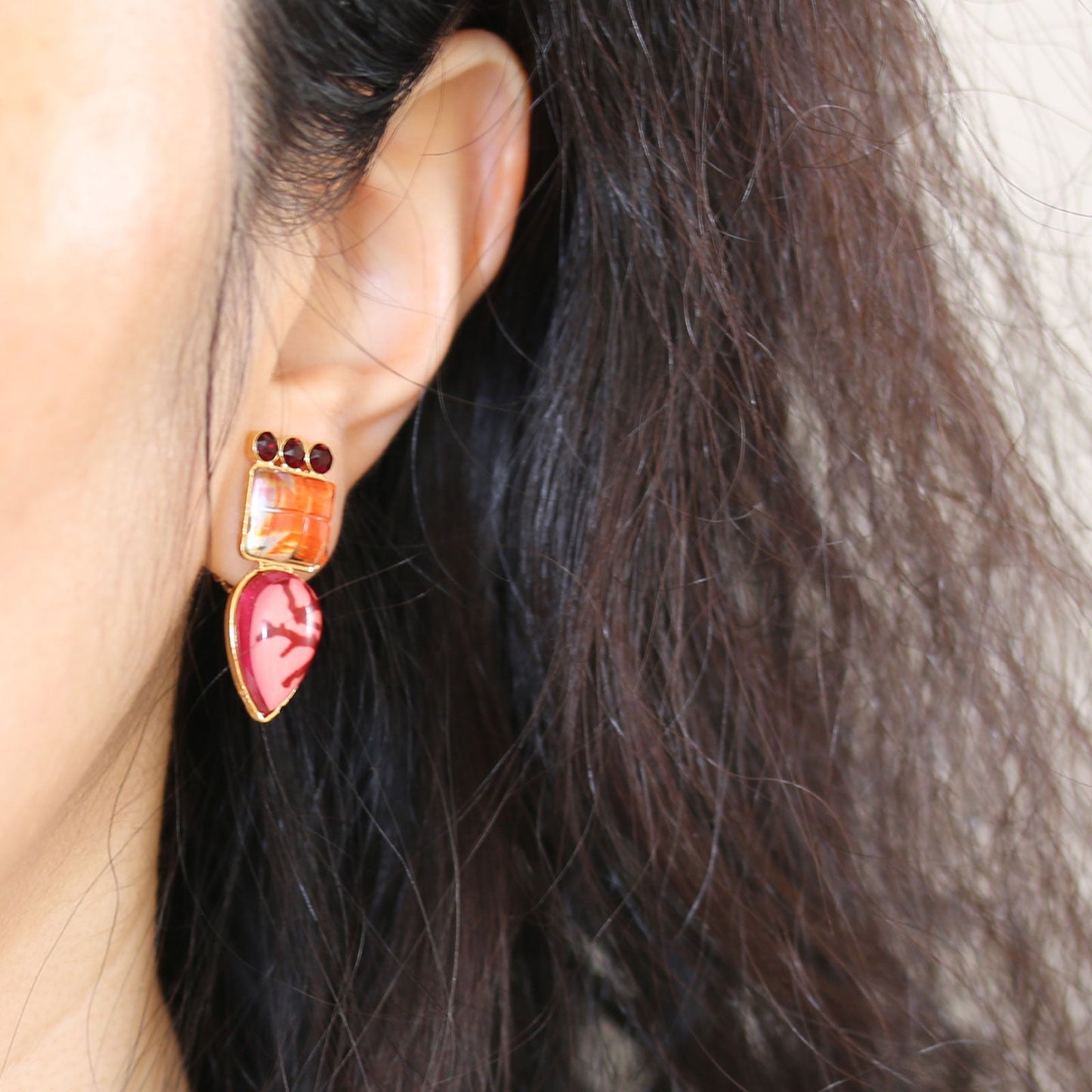 Earrings Orange Coral Rhinestone TAMARUSAN