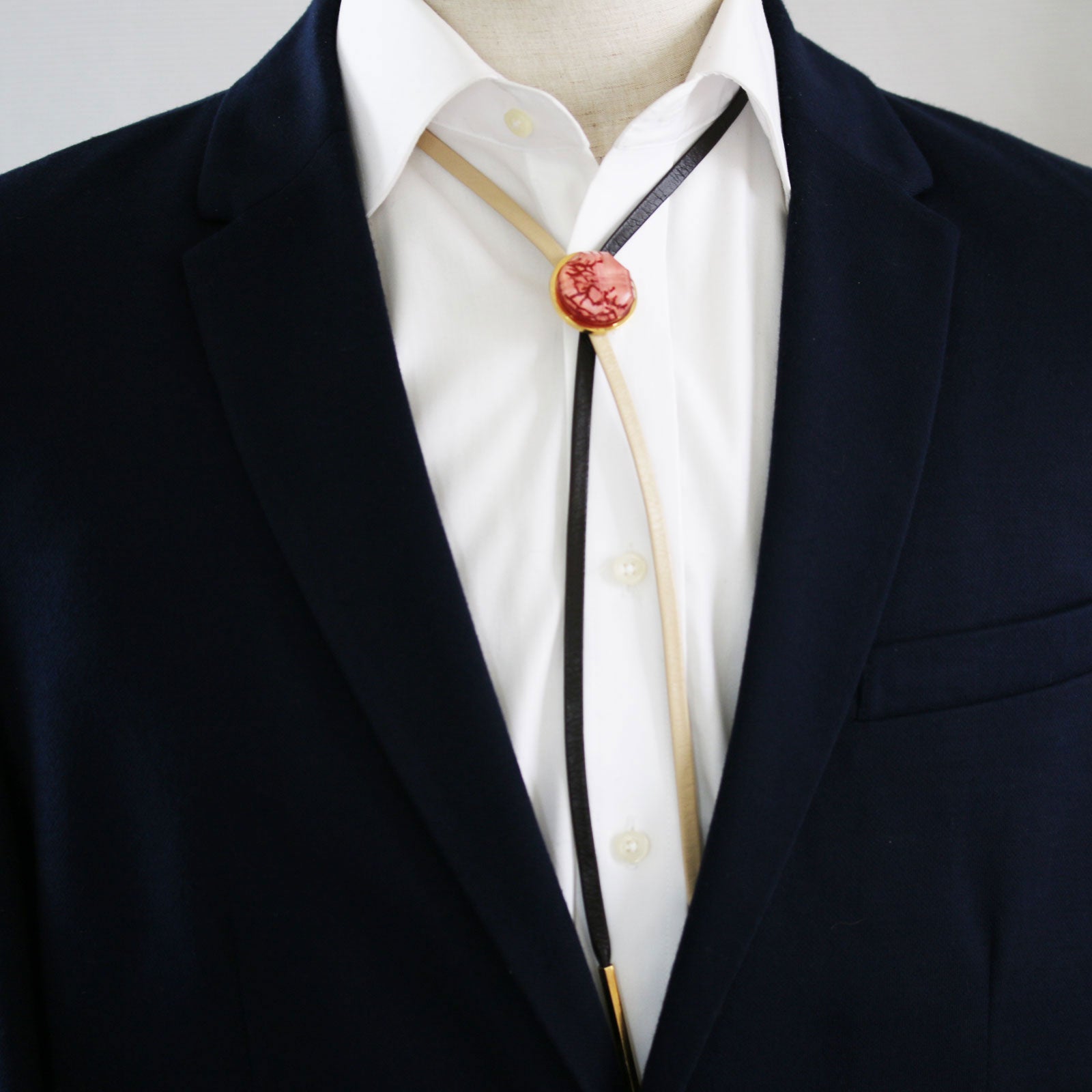 Leather Bolo Tie Beige Coral Gold TAMARUSAN